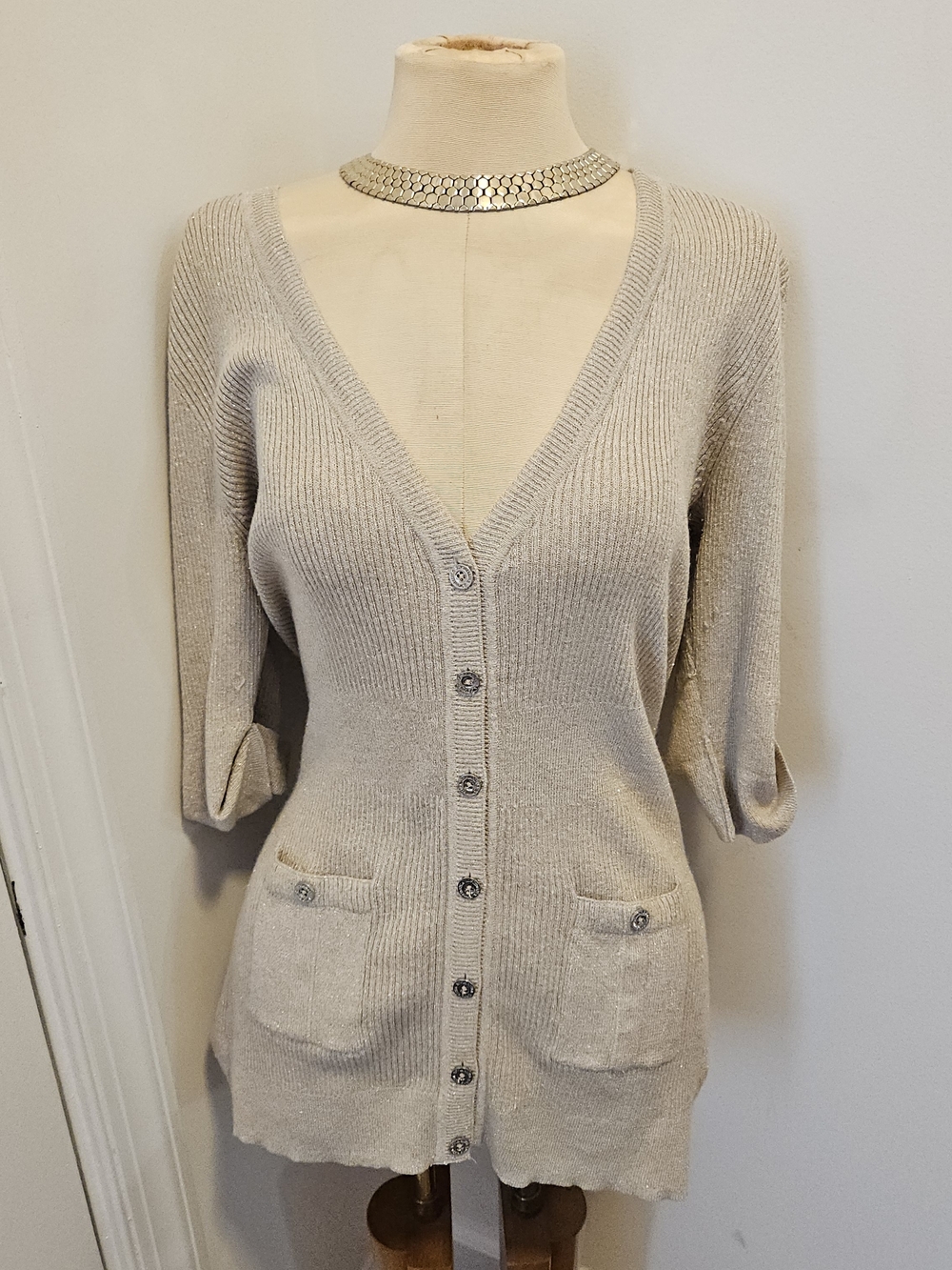 White House Black Market Beige Ribbed V-Neck Cardigan With Metallic Thread